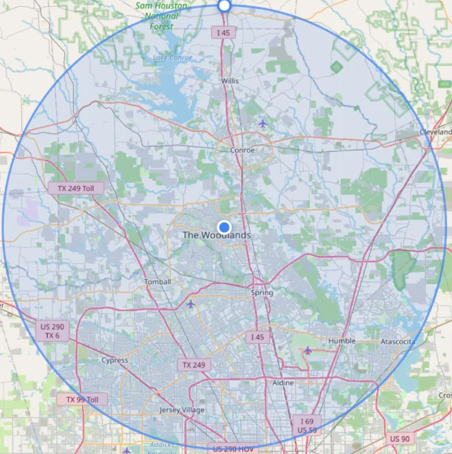 Approximate mobile notary service area centered near ZIP 77381 and The Woodlands
