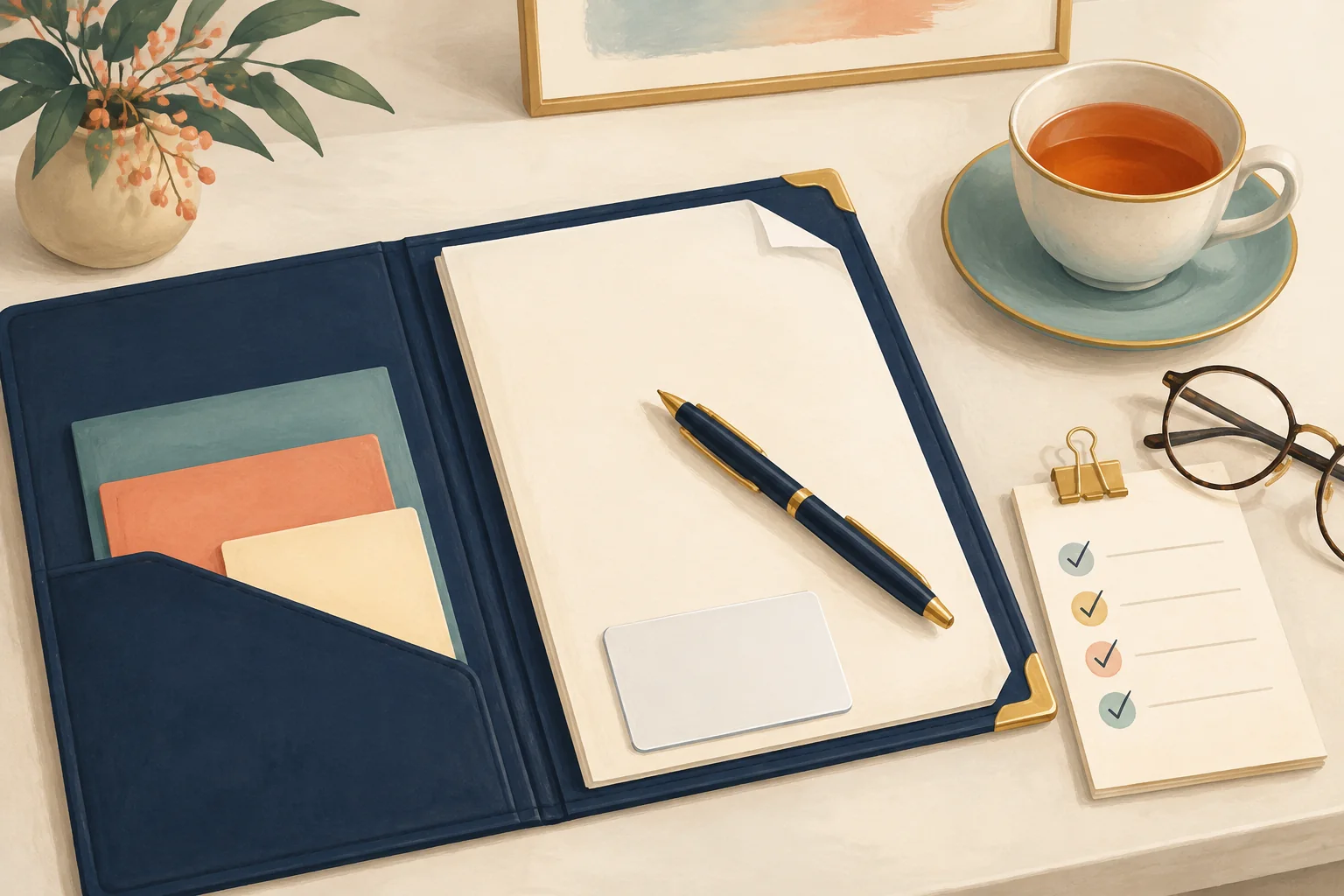 Organized document folder, pen, identification card, checklist, and tea